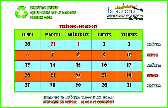Horario del punto limpio para el mes de enero