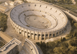 Recreación 3D del primer anfiteatro emeritense del año 8/7 a.C. Cortesía Museo Arqueológico de Alcalá de Henares. J.R. Casals según Trinidad Nogales Basarrate.