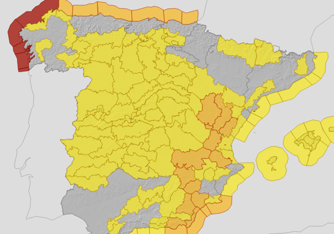 Mapa de avisos para este lunes de la Aemet.