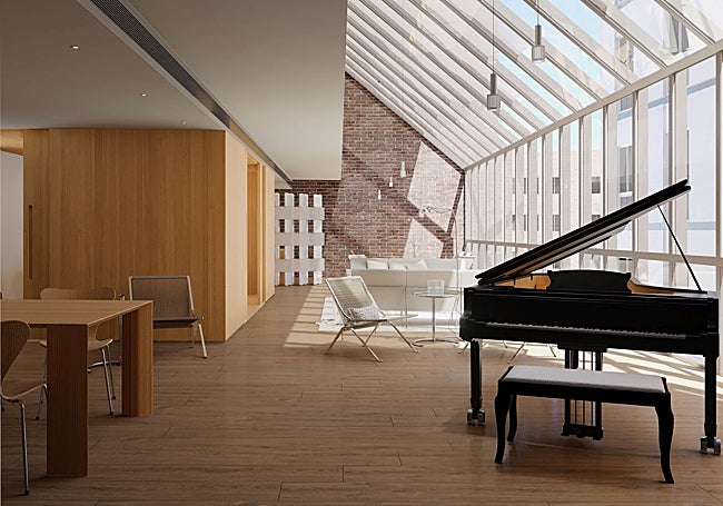 Una de las zonas comunes de la escuela de música de Atrio.
