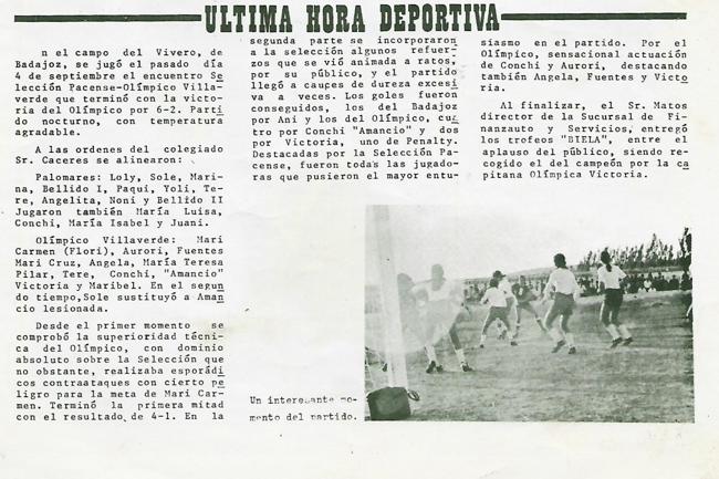 Crónica publicada en la revista Boletín informativo de fútbol femenino sobre el partido entre el Olímpico y la selección pacense.