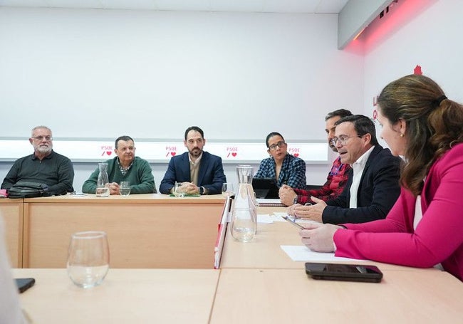 Miguel Ángel Gallardo (primero por la derecha), líder del PSOE extremeño, reunido este martes con el comité de empresa de la central de Almaraz.