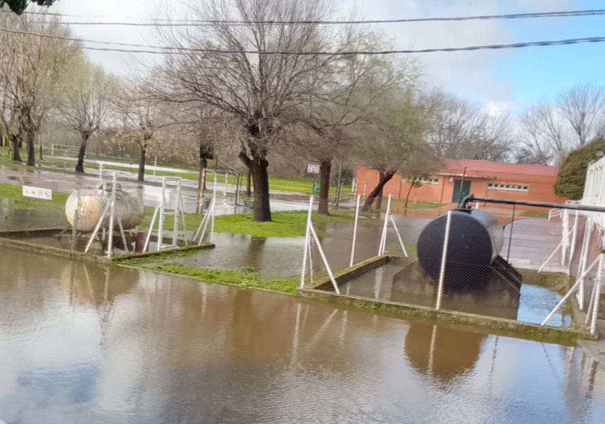 Instalaciones del colegio Virgen de la Vega, anegadas por la crecida de la rivera de Gata, este martes.