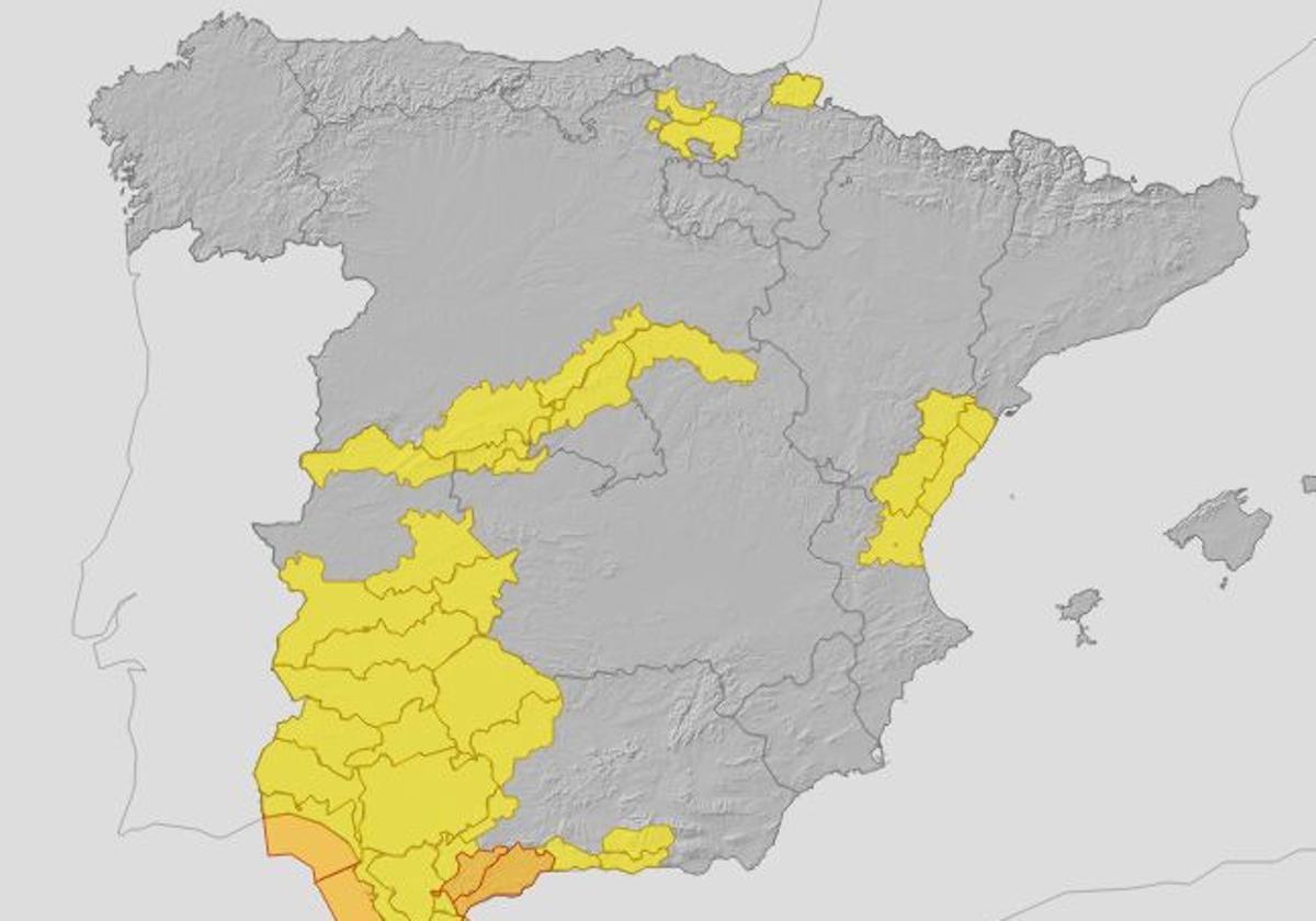 Mapa de avisos de la Agencia Estatal de Meteorología para este lunes.