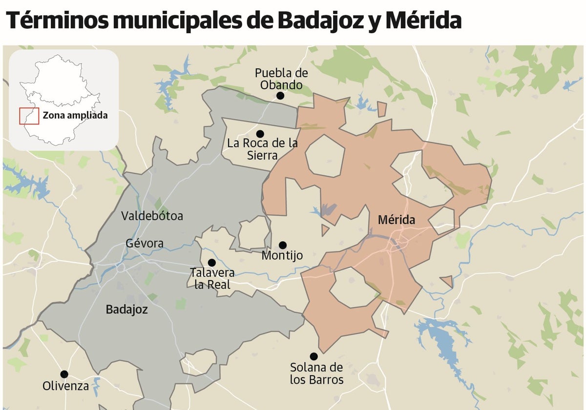 Términos municipales de Mérida y Badajoz, que lindan a la altura de La Roca de la Sierra.