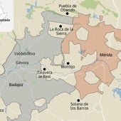 Términos municipales de Mérida y Badajoz, que lindan a la altura de La Roca de la Sierra.
