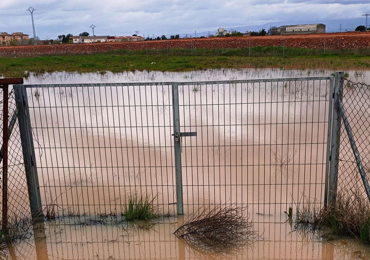 Entrada a una de las parcelas afectadas llena de agua.