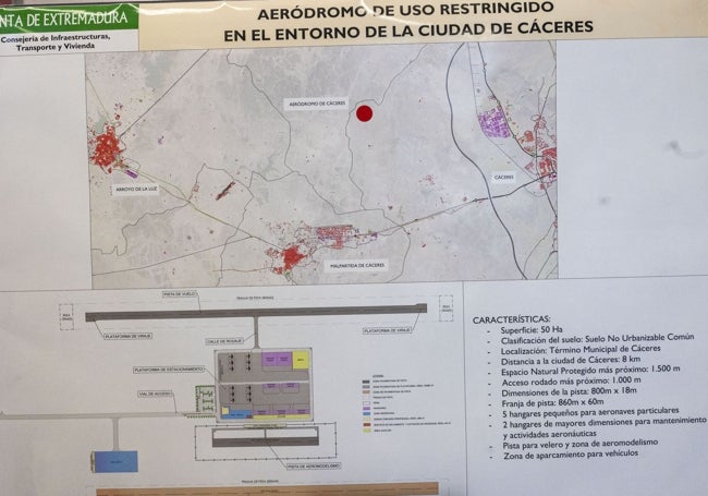 Ubicación (punto rojo) y plano del futuro aeródromo de Cáceres.