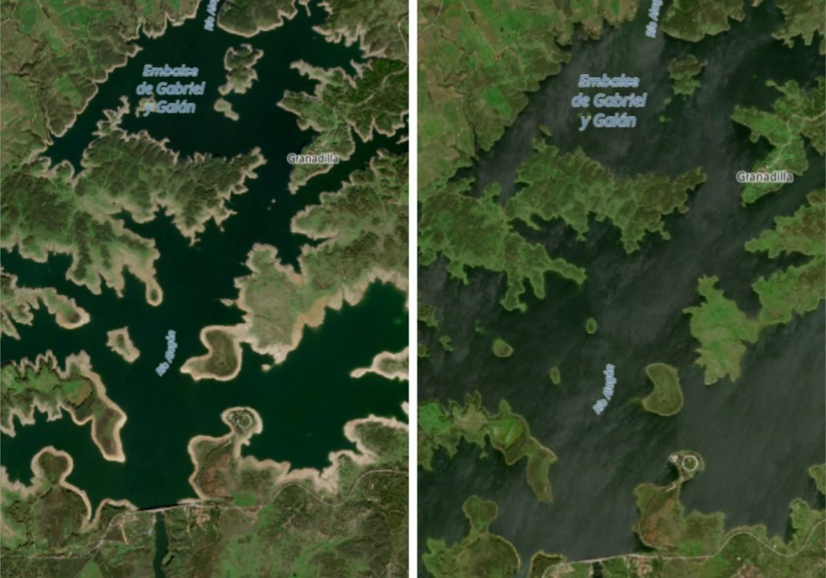 Antes y después del embalse de Gabriel y Galán, en la provincia de Cáceres.