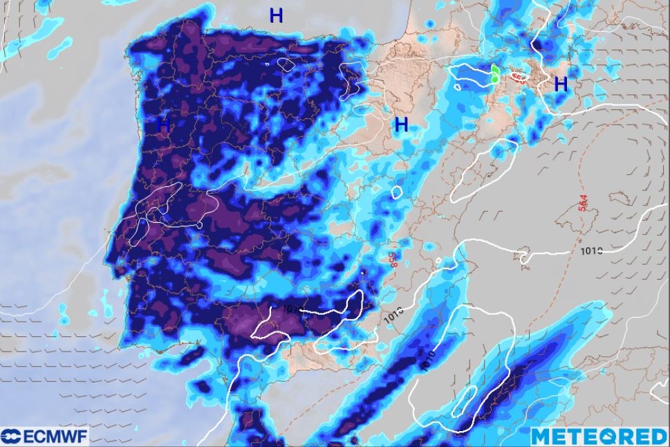 Paso de la borrasca en la penísunla ibérica durante la primera mitad del domingo, según el modelo meteorológico europeo ECMWF.