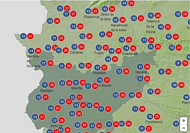 Temperaturas mínimas y máximas previstas para el viernes por la Aemet.