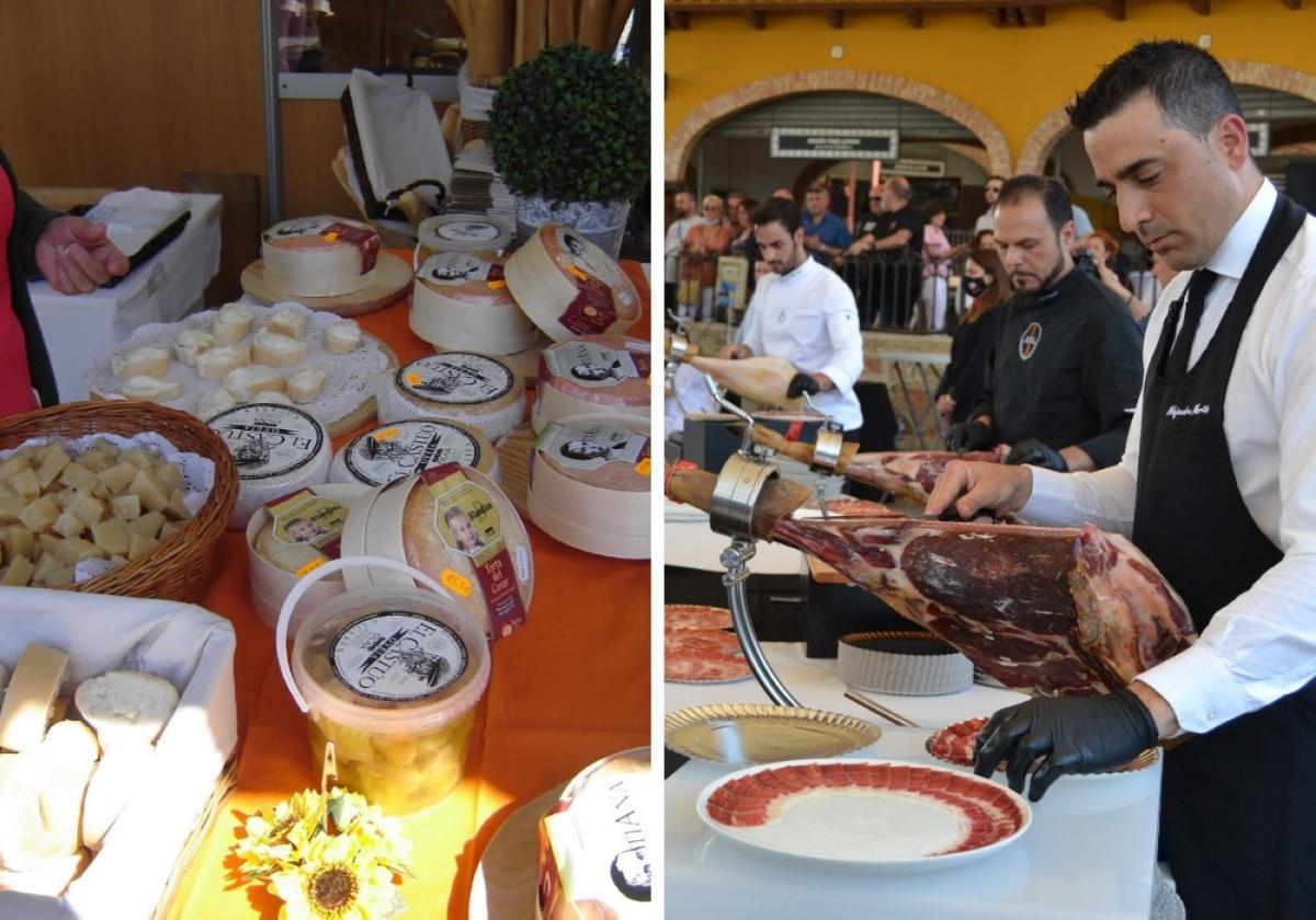 Surtido de quesos en la Feria del Queso de Trujillo y corte de jamón en Jerez de los Caballeros .