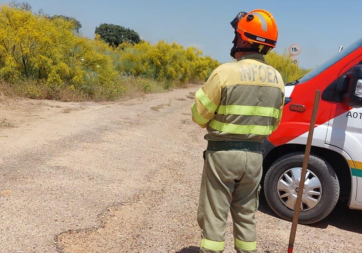 Efectivo del Infoex en el lugar donde se ha registrado el incendio en Madrigalejo.