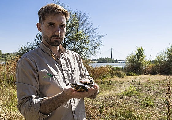 Gonzalo Albarrán, biólogo, con uno de estos reptiles en el parque del río este jueves.
