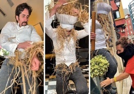 El cocinero extremeño, Ricardo Señorán, se disfraza de espantapájaros.