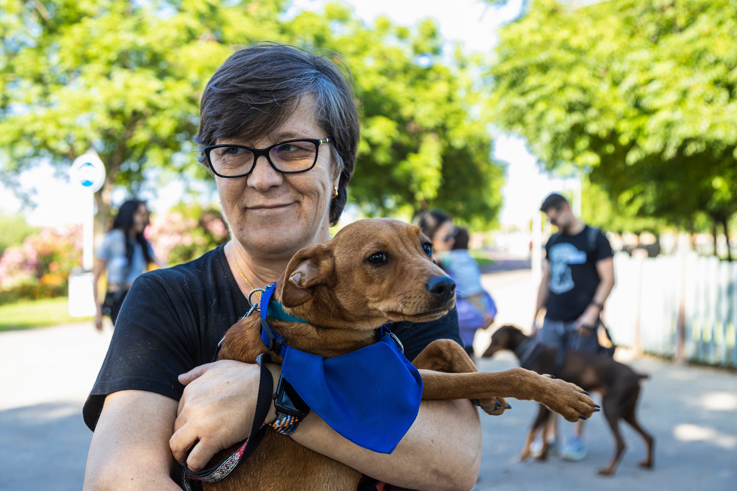 Mari Carmen Salas con Podenquito, que busca una familia que lo adopte.