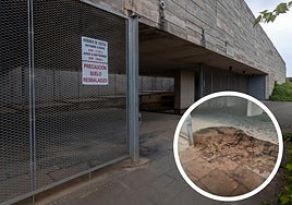 Vista general de la entrada nueva del cementerio de Cáceres. A la derecha, en el círculo, foto de la zona el día que se cayó Cándida.