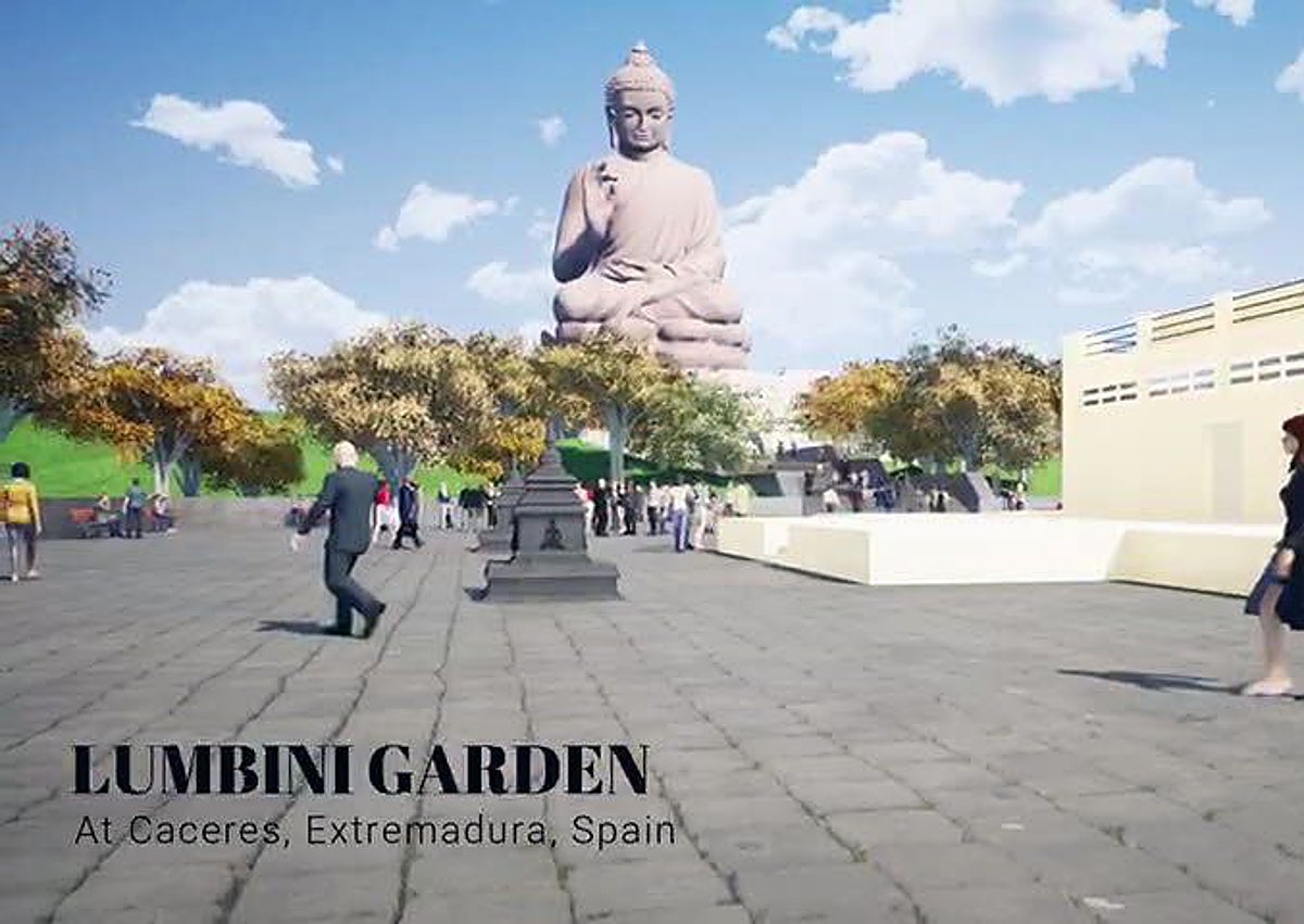 Imagen secundaria 1 - Hermanamiento con Lumbini en Cáceres. Recreación del proyecto en una imagen de la Fundación Lumbini. En la última imagen, los dos últimos alcaldes y el expresidente Vara con el presidente de la Fundación Lumbini, Vilanova, y la estatua de Buda al fondo en 2020.