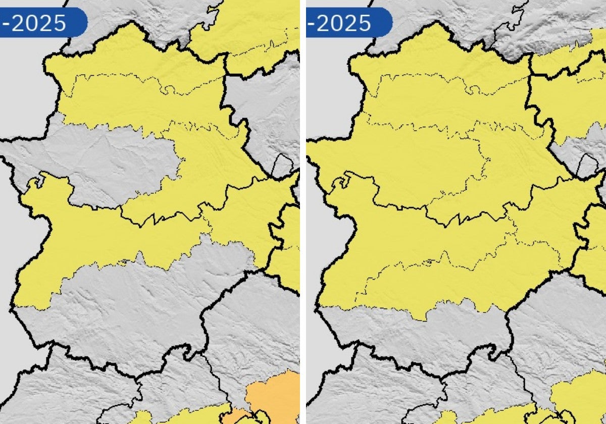 Avisos activos por altas temperaturas de la Aemet para este sábado (izquierda) y domingo (derecha)