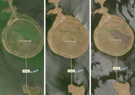 Tres imágenes captadas por el satélite en diferentes momento. De izquierda a derecha: imagen captada el 25 de abril de este año; en medio, unos días antes del incendio; y a la derecha, captada este mismo viernes 11 de julio.