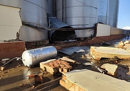 Muro lateral de la cooperativa derrumbado tras el reventón de un depósito de agua en la sociedad agraria de Nuestra Señora de la Soledad de Aceuchal.