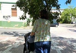 Una madre con su bebé choca con las ramas de un árbol en Cáceres.