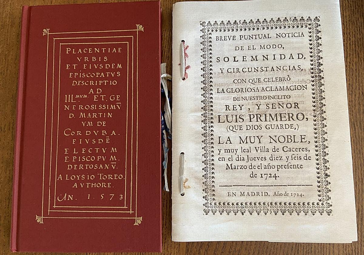 El documento sobre Plasencia, a la izquierda, y el de los fastos cacereños por la entronización de Luis I.