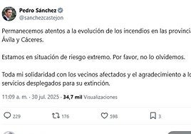Pedro Sánchez alerta ante la evolución del incendio en Las Hurdes: «Estamos en situación de riesgo extremo»