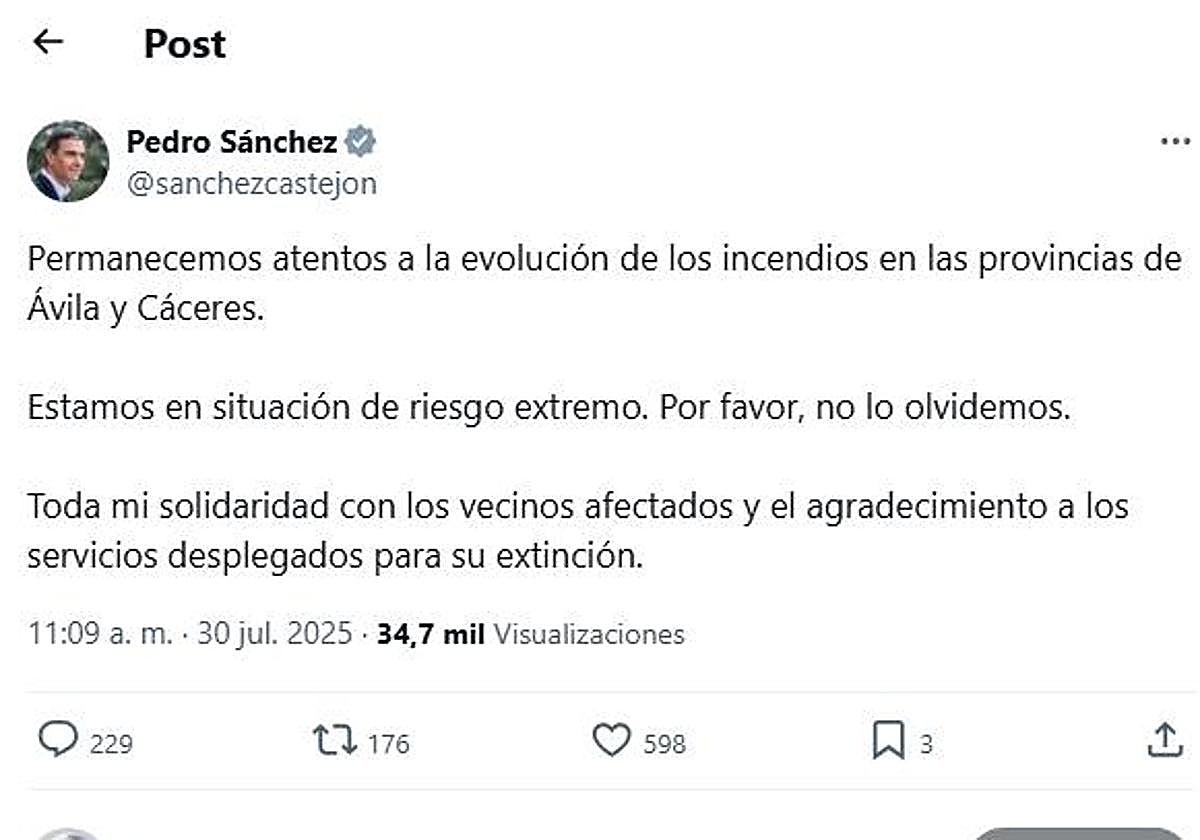 Pedro Sánchez alerta ante la evolución del incendio en Las Hurdes: «Estamos en situación de riesgo extremo»