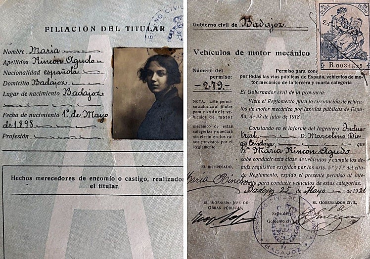 Anverso y reverso del carné de conducir de María Rincón, en el que se aprecia que fue expedido el 25 de mayo de 1921.