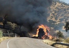 El fuego de Llerena se originó este jueves por la mañana tras el incendio de un camión cargado de paja.