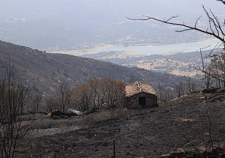 Edificación en mitad del monte, en la carretea que va de El Torno a Cabezabellosa, afectada por el fuego de estos días.