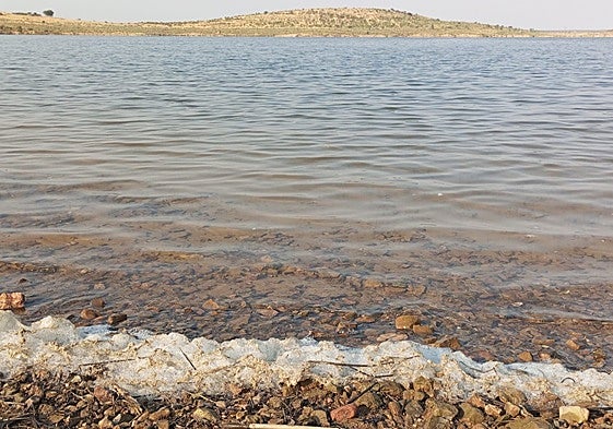 Orilla del embalse de Alange, sobre el río Matachel, el pasado jueves. Se encuentra casi al 33% de su capacidad, con 279 hectómetros cúbicos.