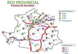 Mapa con la ubicación de los puntos de recarga de la red provincial facilitado por la Diputación de Cáceres.