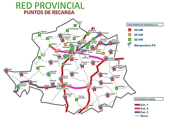 Mapa con la ubicación de los puntos de recarga de la red provincial facilitado por la Diputación de Cáceres.