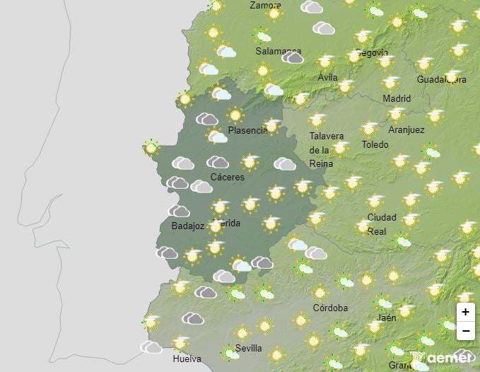Precipitaciones en Extremadura a las 20.00 horas del domingo, 7 de septiembre.