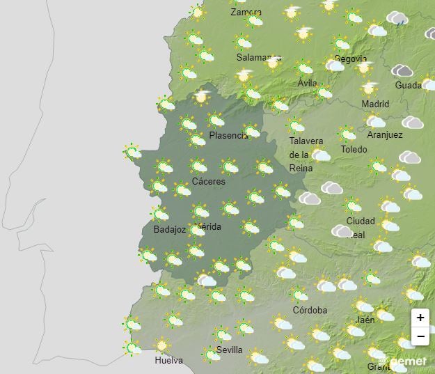 Estado del cielo en Extremadura entre las 12 y las 18 horas del lunes, 8 de septiembre.