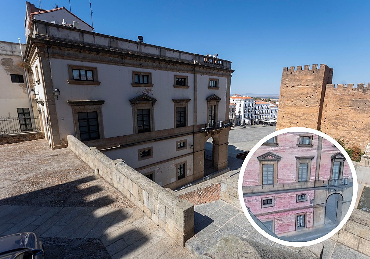 A la izquierda, aspecto actual de la fachada este del Ayuntamiento de Cáceres y, en el círculo, una recreación incluida en el proyecto del aspecto que tendrá tras la intervención.