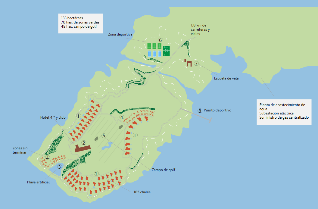 El complejo de lujo se ubica sobre 133 hectáreas, con 70 de zonas verdes y 48 ocupadas por el campo de golf.