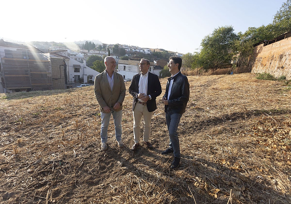 Tirso Leal, Rafael Mateos y Víctor Bazo en la visita a la parcela este jueves.