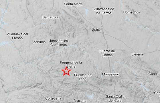 La estrella roja marca el epicentro del movimiento sísmico registrado este viernes, muy próximo a Higuera la Real.
