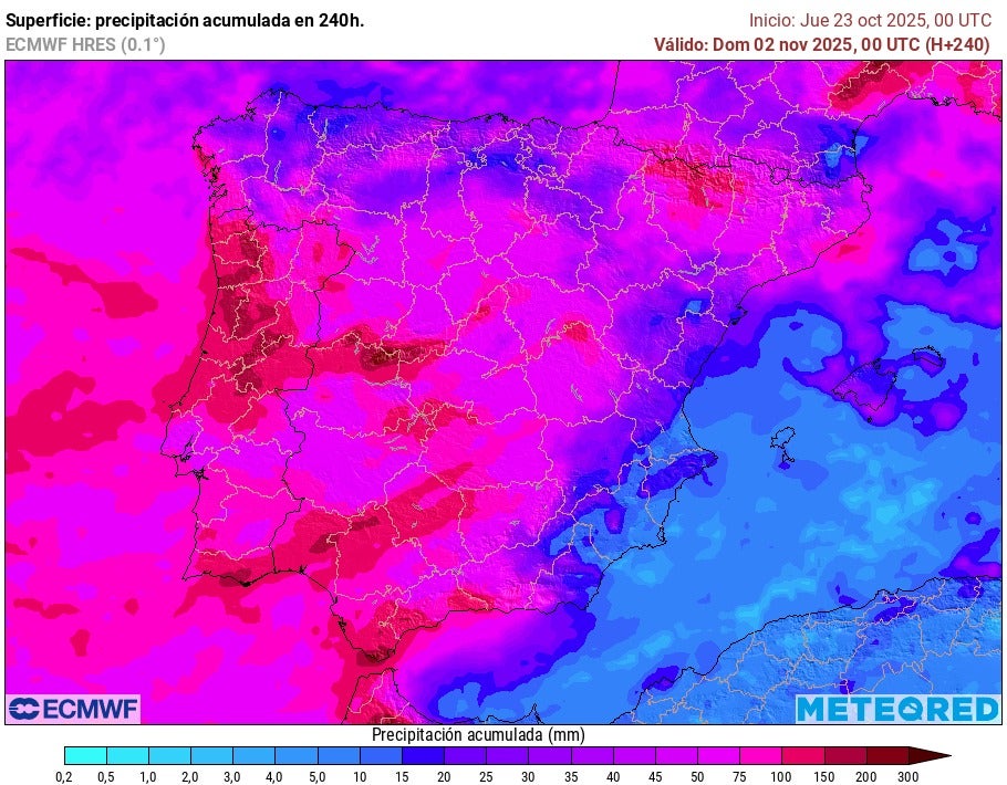 Acumulado de litros de agua por metro cuadrado hasta el 2 de noviembre, según el modelo ECMWF.