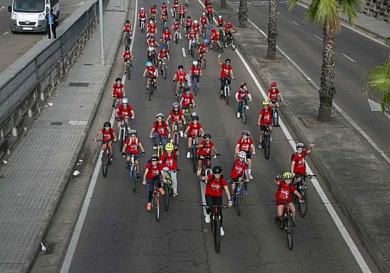 Escolares con sus bicis por la avenida Felipe Vi (antigua carretera de Cáceres), esta mañana