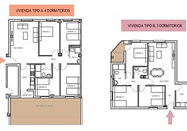 Distribución de las viviendas de 4 y 3 dormitorios en Ronda Norte.
