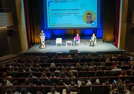 Público asistente en el Teatro María Luisa a la jornada de humanización en cuidados críticos durante una de las ponencias.