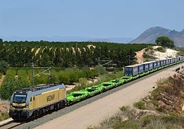 Un tren cargado con semirremolques de Trans Italia en un servicio de autopista ferroviaria.