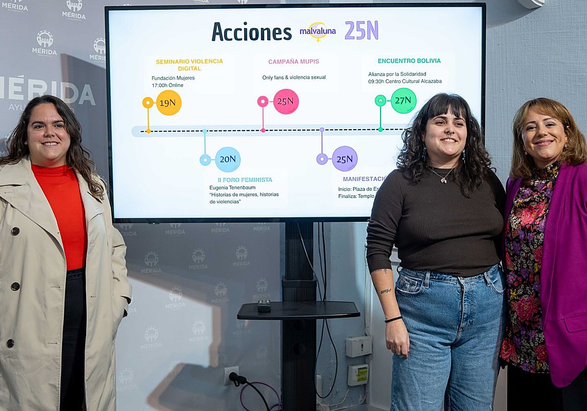 Alicia Ledesma y Alba Redondo, técnicas de Malvaluna, junto a Ana Aragoneses, delegada de Igualmente, en la presentación de las actividades del 25N.