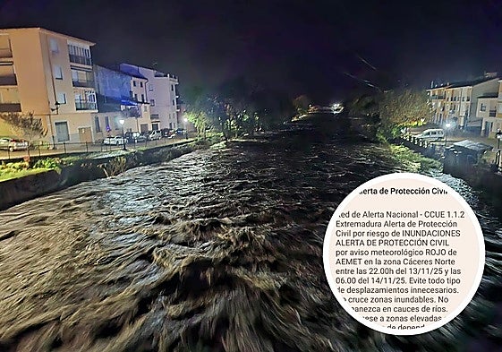 Imagen de río Jerte a punto de desbordarse en Navaconcejo.
