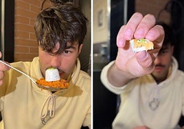 Peldanyos probando el bombón de migas extremañas.