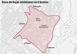 Zona de bajas emisiones prevista, que coincido con la actual área de tráfico restringido.